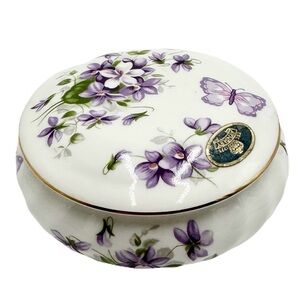 Vintage Aynsley Purple Violets Butterfly Round Fine China Porcelain Trinket Box